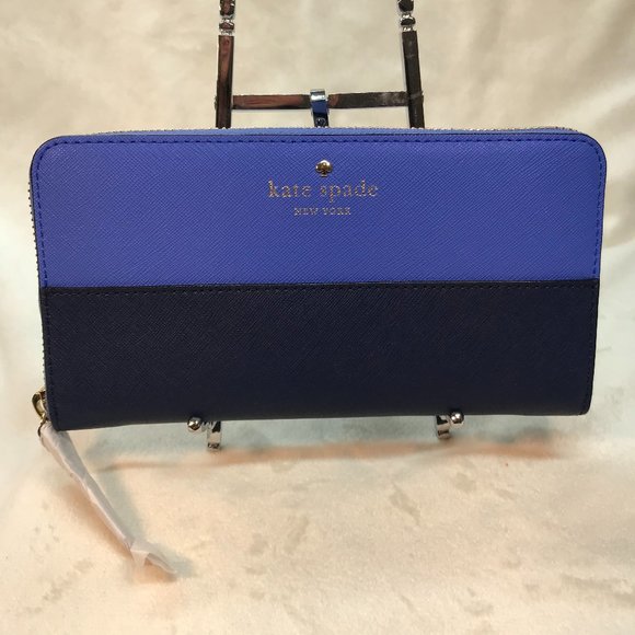 NWT Kate Spade Leather Color Block Zip Around Continental Wallet in Royal & Navy - Picture 1 of 10